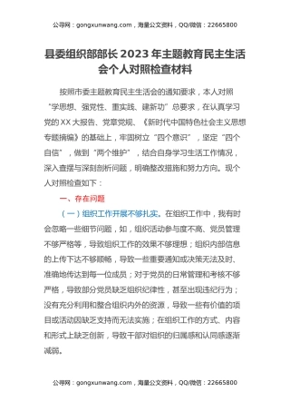 县委组织部部长2023年主题教育民主生活会个人对照检查材料