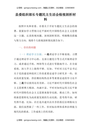 县委组织部长专题民主生活会检视剖析材料