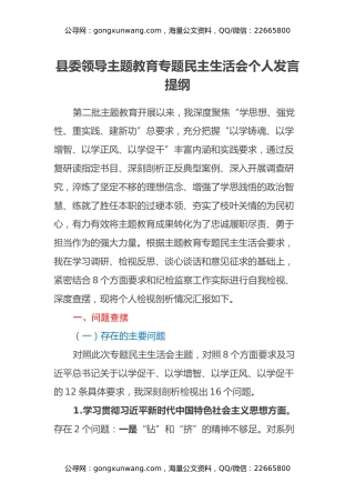 县委领导主题教育专题民主生活会个人发言提纲