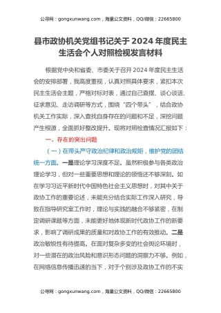 县市政协机关党组书记关于2024年度民主生活会个人对照检视发言材料（四个带头+违纪行为典型案例剖析）