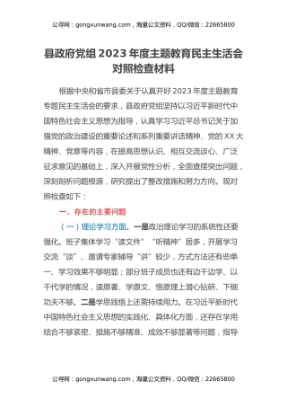 县政府党组2023年度主题教育民主生活会对照检查材料