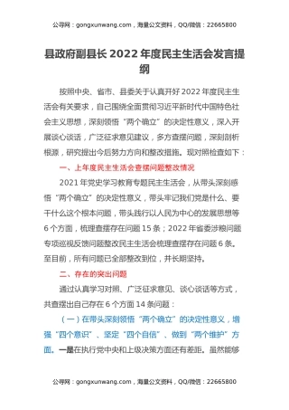 县政府副县长2022年度民主生活会发言提纲