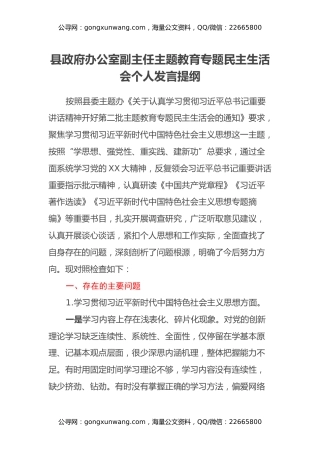 县政府办公室副主任第二批主题教育专题民主生活会个人发言提纲（新六个方面）