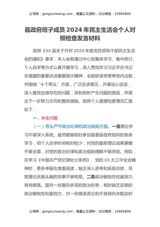 县政府班子成员2024年民主生活会个人对照检查发言材料（四个带头）