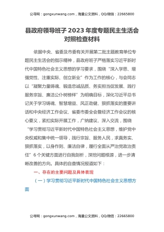 县政府领导班子2023年度专题民主生活会对照检查材料