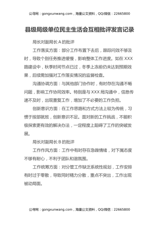 县级局长副局长单位民主生活会互相批评发言记录