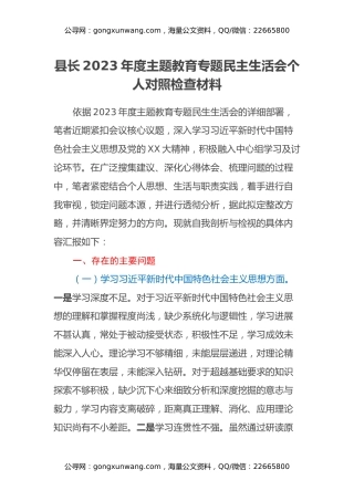县长2023年度主题教育专题民主生活会个人对照检查材料（新六个方面）