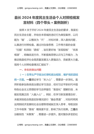 县长2024年度民主生活会个人对照检视发言材料（四个带头＋案例剖析）