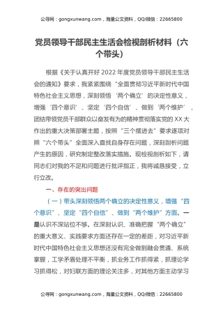员领导干部民主生活会检视剖析材料（六个带头）