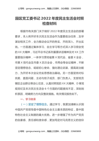 园区党工委书记2022年度民主生活会对照检查材料