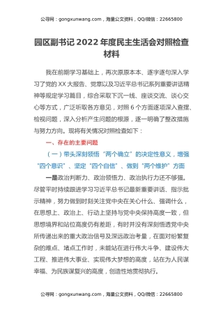 园区副书记2022年度民主生活会对照检查材料