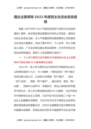国企主要领导2022年度民主生活会发言提纲