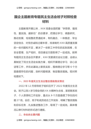 国企主题教育专题民主生活会班子对照检查材料