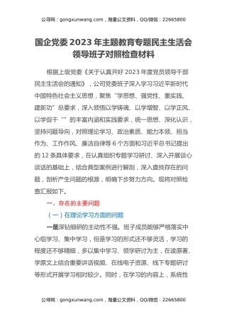 国企党委2023年主题教育专题民主生活会领导班子对照检查材料