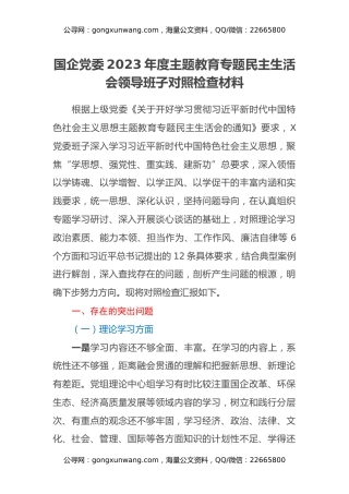 国企党委2023年度主题教育专题民主生活会领导班子对照检查材料