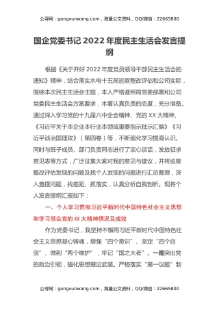 国企党委书记2022年度民主生活会发言提纲