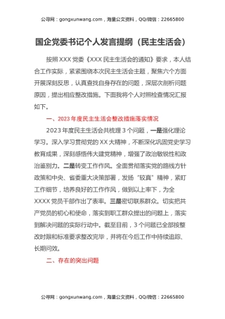 国企党委书记个人发言提纲（民主生活会）