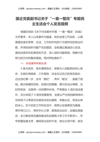国企党委副书记关于一案一整改专题民主生活会个人发言提纲