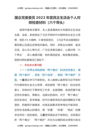 国企党委委员2022年度民主生活会个人对照检查材料（六个带头）