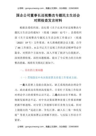 国企公司董事长巡视整改专题民主生活会对照检查发言材料