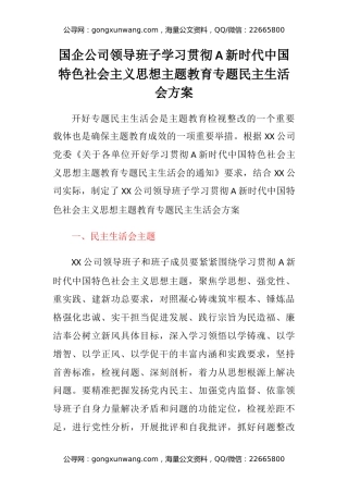 国企公司领导班子主题教育专题民主生活会方案
