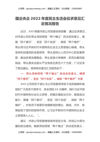国企央企2022年度民主生活会征求意见汇总情况报告 (2)