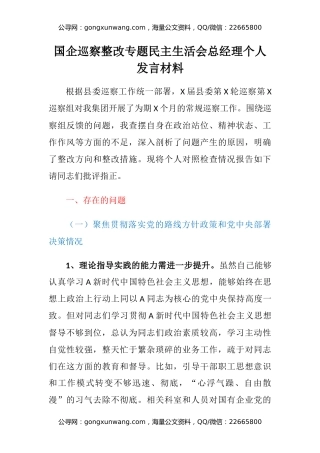 国企巡察整改专题民主生活会总经理个人发言材料