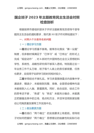 国企班子2023年主题教育民主生活会对照检查剖析