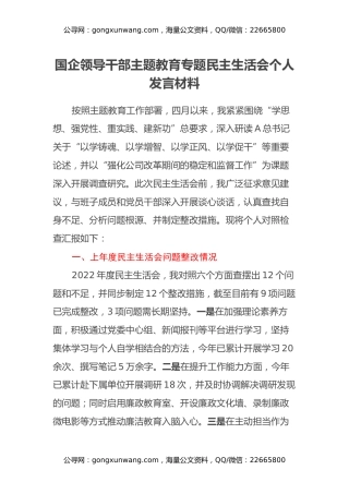 国企领导干部主题教育专题民主生活会个人发言材料