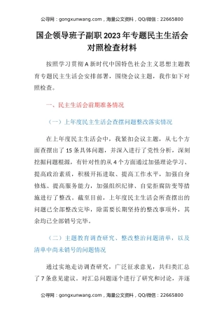 国企领导班子副职2023年专题民主生活会对照检查材料