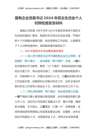 国有企业党委书记2024年民主生活会个人对照检查发言材料