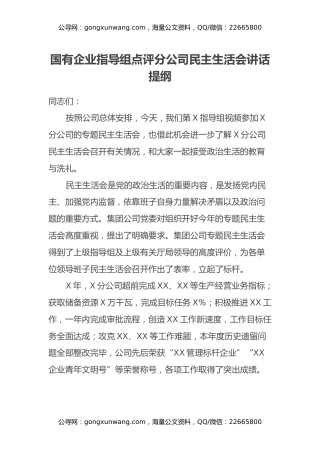 国有企业指导组点评分公司民主生活会讲话提纲