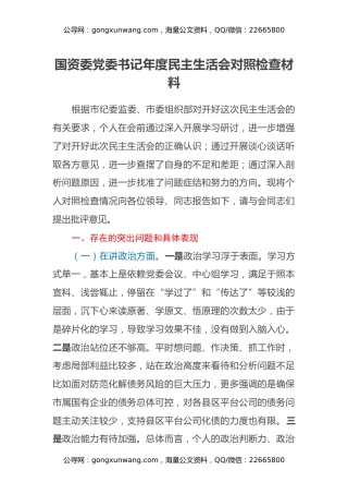 国资委党委书记年度民主生活会对照检查材料