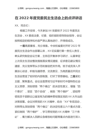 在2022年度党委民主生活会上的点评讲话