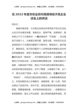 在2022年度市农业农村局领导班子民主生活会上的讲话