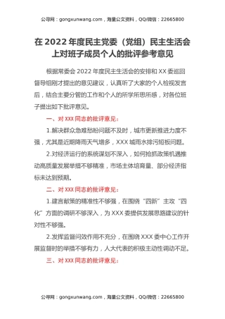 在2022年度民主党委（党组）民主生活会上 对班子成员个人的批评参考意见