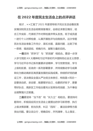在2022年度民主生活会上的点评讲话