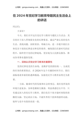 在2024年党纪学习教育专题民主生活会上的讲话