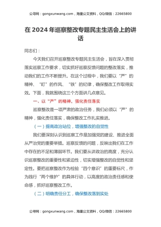 在2024年巡察整改专题民主生活会上的讲话（2）