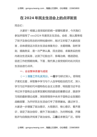 在2024年民主生活会上的点评发言