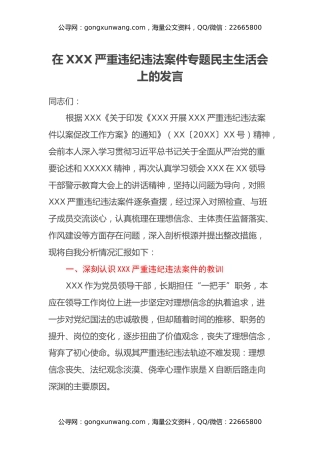 在XXX严重违纪违法案件专题民主生活会上的发言材料