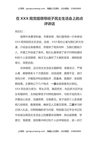 在XXX局党组领导班子民主生活会上的点评讲话