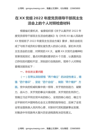在XX党组2022年度党员领导干部 民主生活会上的个人对照检查材料
