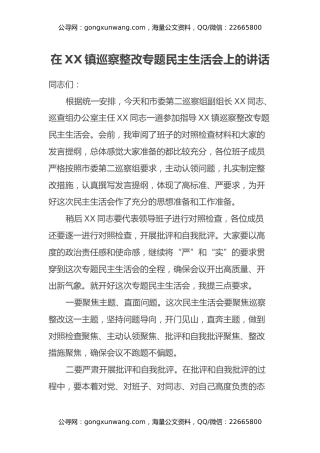 在XX镇巡察整改专题民主生活会上的讲话