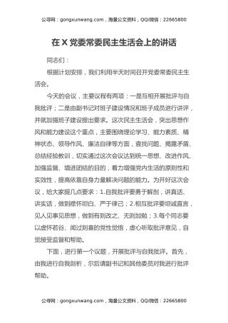 在X党委常委民主生活会上的讲话