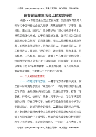 在专题民主生活会上的发言提纲