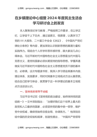 在乡镇理论中心组暨2024年度民主生活会学习研讨会上的发言