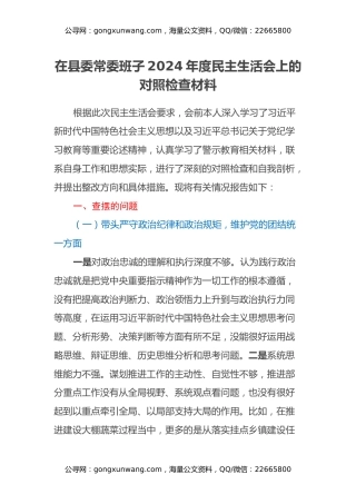 在县委常委班子2024年度民主生活会上的发言提纲（四个带头+典型案例剖析+意识形态）