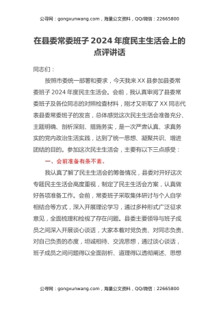 在县委常委班子2024年度民主生活会上的点评讲话