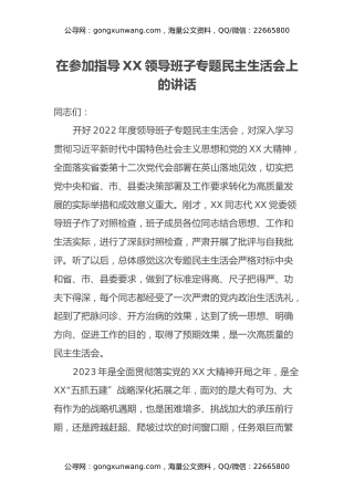在参加指导领导班子专题民主生活会上的讲话